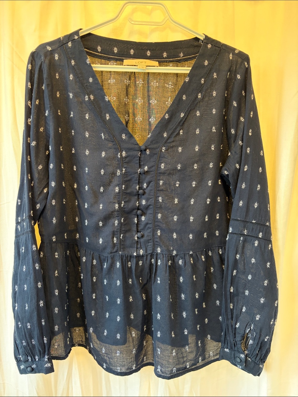 LOFT Navy V-Neck Button-Front Peasant Blouse with embroidery